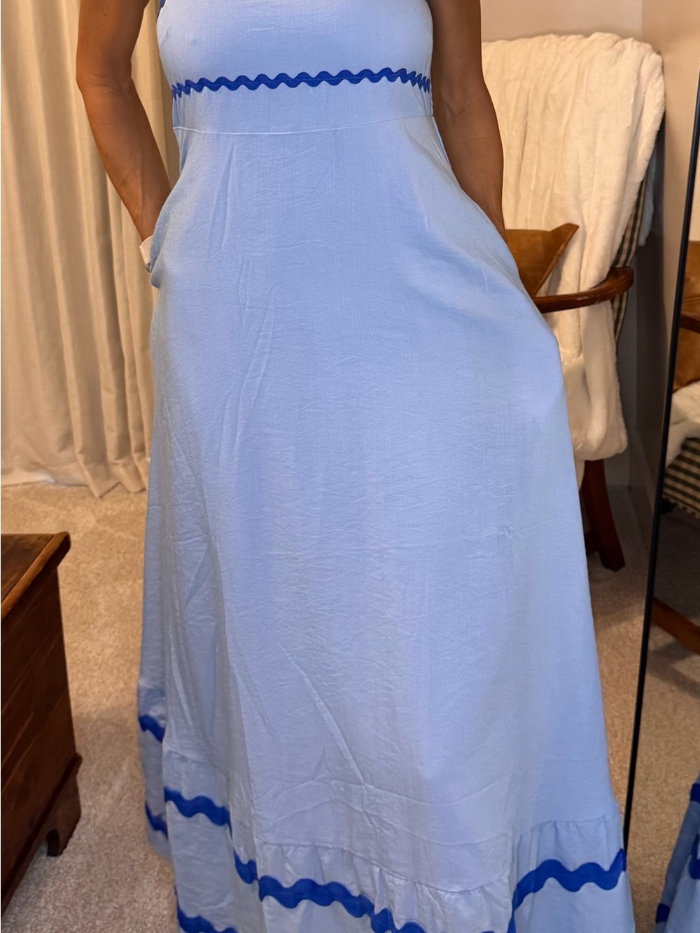 Light Blue Maxi Dress with Royal Blue Trim — Sleeveless Pocket Maxi
